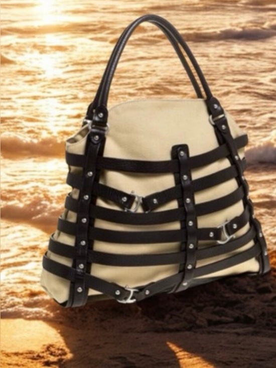 Etienne Aigner Handbags - ETIENNE AIGNER CIRCA 2008 DAMASCUS BELTED LEATHER TOTE WITH TWO FABRIC INSERTS